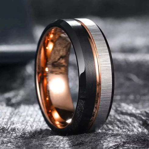 Men 8mm Tungsten Black Silver WRose Gold Grooved Line Comfort-Fit Wedding Band